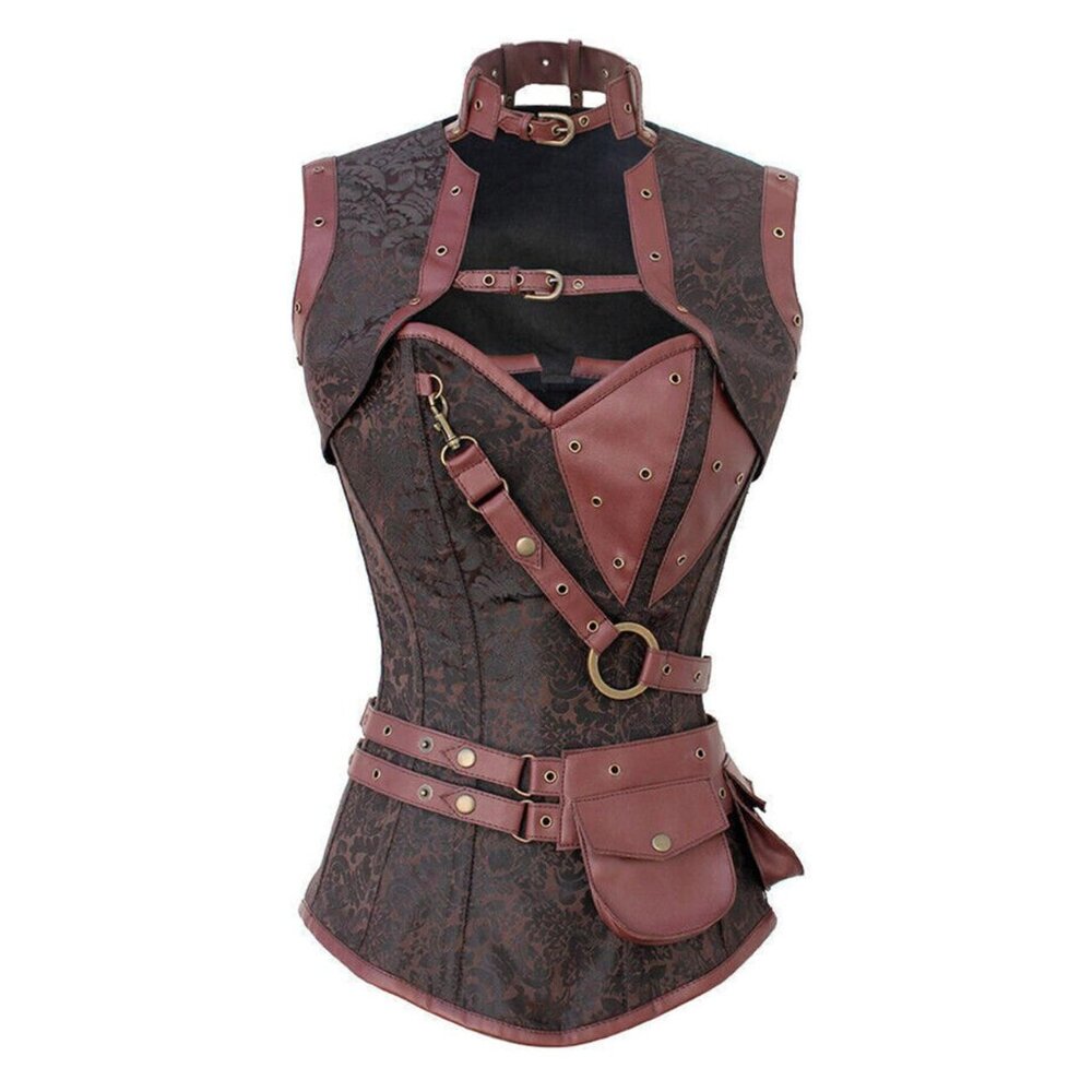 Steel Boned Steampunk Brown Brocade High Neck Strap Pocket Shrug Corset 2XL